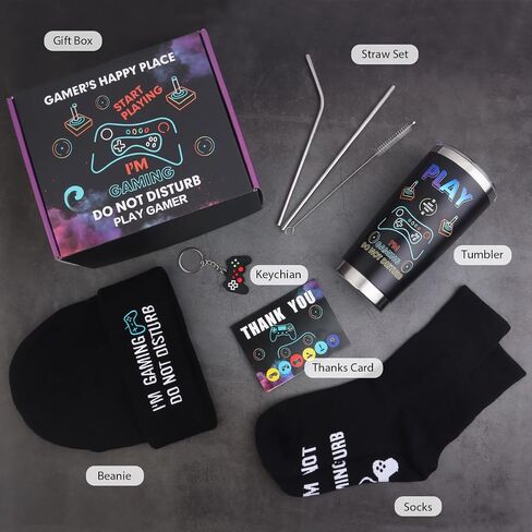 Gamer Gifts, 8PCS Cool Gaming Gift Bulk Set Includes Tumbler Straw Beanie Socks Key Chain Thanks Card Gift Box, Christmas Gifts for Teen Teenage Boys Men Idea in Saudi Arabia