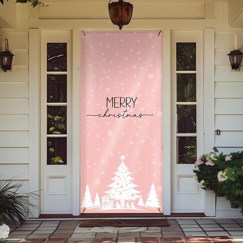 Pink Merry Christmas Door Cover for Front Door Decorations, Christmas Tree Xmas Door Covers Banners Backdrop for Front Door Porch Farmhouse Home Indoor Outdoor Decoration, 35 * 79 Inch in Saudi Arabia