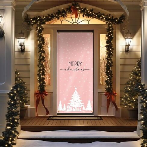 Pink Merry Christmas Door Cover for Front Door Decorations, Christmas Tree Xmas Door Covers Banners Backdrop for Front Door Porch Farmhouse Home Indoor Outdoor Decoration, 35 * 79 Inch in Saudi Arabia