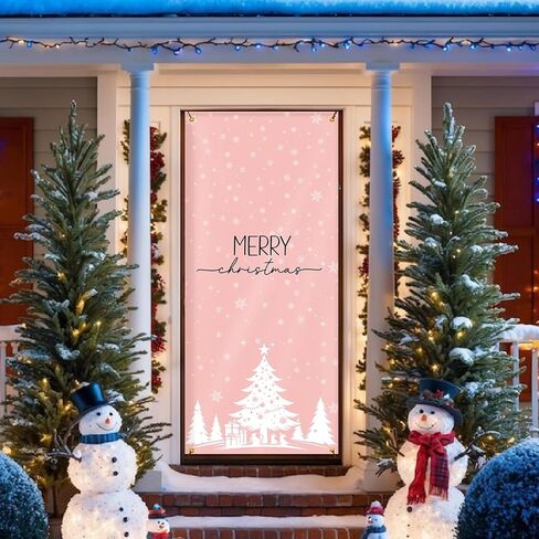Pink Merry Christmas Door Cover for Front Door Decorations, Christmas Tree Xmas Door Covers Banners Backdrop for Front Door Porch Farmhouse Home Indoor Outdoor Decoration, 35 * 79 Inch in Saudi Arabia