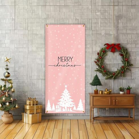 Pink Merry Christmas Door Cover for Front Door Decorations, Christmas Tree Xmas Door Covers Banners Backdrop for Front Door Porch Farmhouse Home Indoor Outdoor Decoration, 35 * 79 Inch in Saudi Arabia