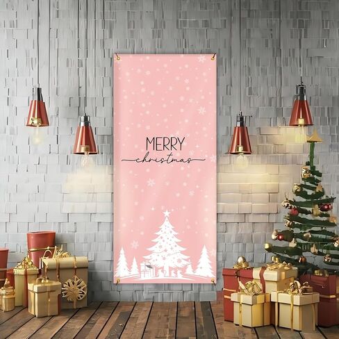 Pink Merry Christmas Door Cover for Front Door Decorations, Christmas Tree Xmas Door Covers Banners Backdrop for Front Door Porch Farmhouse Home Indoor Outdoor Decoration, 35 * 79 Inch in Saudi Arabia