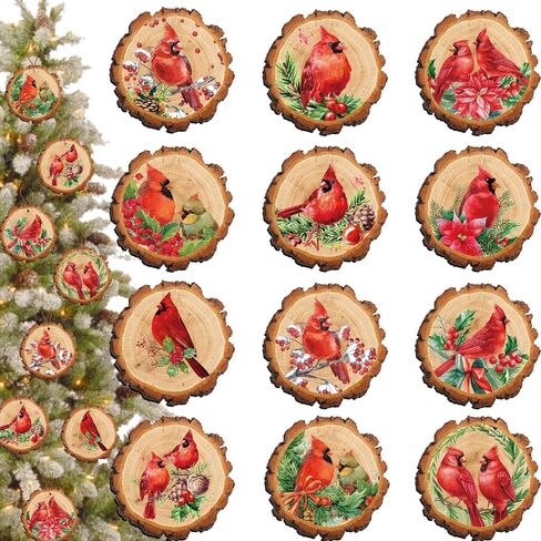 36pcs Christmas Cardinal Memory Wooden Hanging Ornament Merry Christmas Red Cardinal Round Christmas Ornaments - Faux Wood Slice Christmas Ornament-DIY Craft Making, 12 Styles in Saudi Arabia