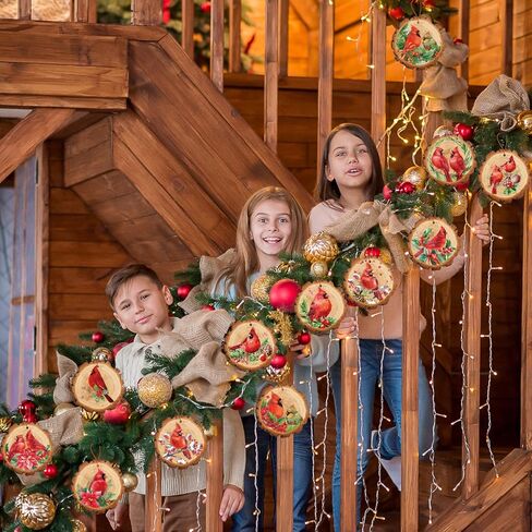36pcs Christmas Cardinal Memory Wooden Hanging Ornament Merry Christmas Red Cardinal Round Christmas Ornaments - Faux Wood Slice Christmas Ornament-DIY Craft Making, 12 Styles in Saudi Arabia