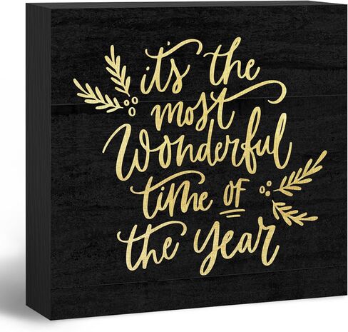 Its The Most Wonderful Time of The Year Wooden Box Sign, Christmas Desk Decor, Black Christmas Decorations, Black and Gold Christmas Wood Box Sign for Office Home Bedroom Wall Shelf Decor in Saudi Arabia