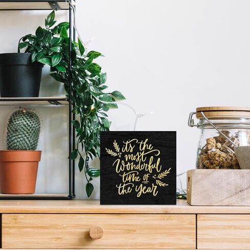 Its The Most Wonderful Time of The Year Wooden Box Sign, Christmas Desk Decor, Black Christmas Decorations, Black and Gold Christmas Wood Box Sign for Office Home Bedroom Wall Shelf Decor in Saudi Arabia