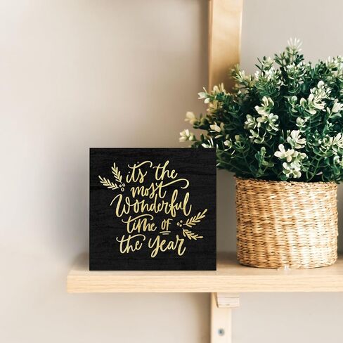 Its The Most Wonderful Time of The Year Wooden Box Sign, Christmas Desk Decor, Black Christmas Decorations, Black and Gold Christmas Wood Box Sign for Office Home Bedroom Wall Shelf Decor in Saudi Arabia