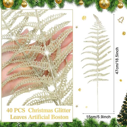 Yunsailing 40 Pcs Christmas Glitter Leaves Artificial Flashing Leaves Tropical Leaf Wedding Picks Flower Arrangements Wreath DIY Leaves Ornament for Wedding Party Xmas Decoration(Champagne Gold) in Saudi Arabia
