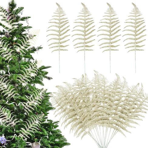 Yunsailing 40 Pcs Christmas Glitter Leaves Artificial Flashing Leaves Tropical Leaf Wedding Picks Flower Arrangements Wreath DIY Leaves Ornament for Wedding Party Xmas Decoration(Champagne Gold) in Saudi Arabia