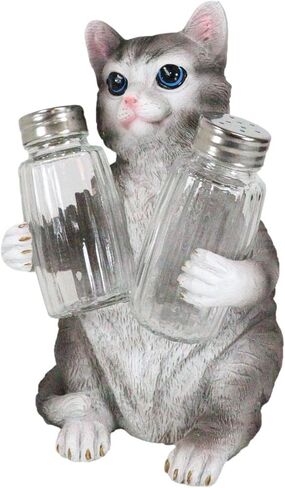 Ebros Gift Furry Feline Kitty Cat Glass Salt And Pepper Shakers Holder Figurine 8.25"H Crazy For Cats Kitten Animal Pet Decor For Kitchen And Dining Entertainment (Gray Tabby) in Saudi Arabia