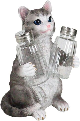 Ebros Gift Furry Feline Kitty Cat Glass Salt And Pepper Shakers Holder Figurine 8.25"H Crazy For Cats Kitten Animal Pet Decor For Kitchen And Dining Entertainment (Gray Tabby) in Saudi Arabia