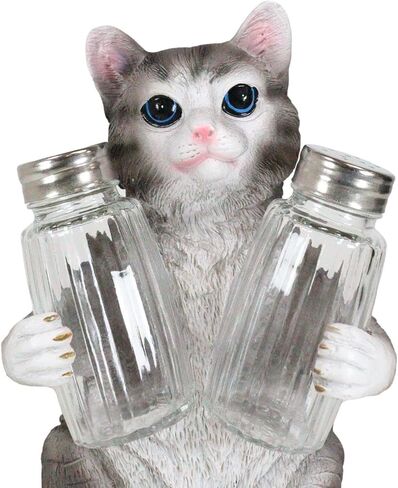 Ebros Gift Furry Feline Kitty Cat Glass Salt And Pepper Shakers Holder Figurine 8.25"H Crazy For Cats Kitten Animal Pet Decor For Kitchen And Dining Entertainment (Gray Tabby) in Saudi Arabia