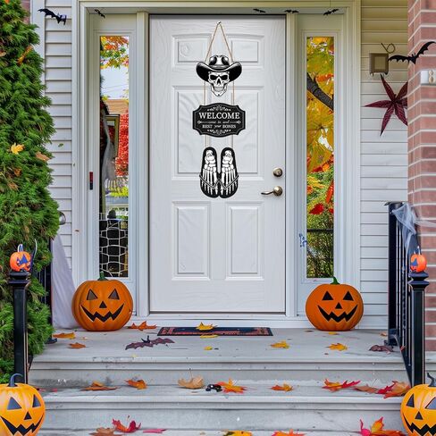 ديكورات باب الهالوين، هيكل عظمي للهالوين، ديكور جداري، علامة باب جمجمة خشبية للهالوين، علامة ترحيب للهالوين، شماعة باب للهالوين، إكليل باب للهالوين لحفلة الشرفة، ديكور منزلي داخلي مخيف للهالوين in Kuwait