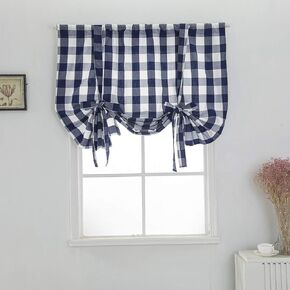 Plaid Shades Curtains Balloon Window Shade Kitchen Rod Pocket Curtain Adjustable Tie Up Shades for Small Windows Living Room Window Treatment Tiers with 1 Panels (24"x47", Black and White)
