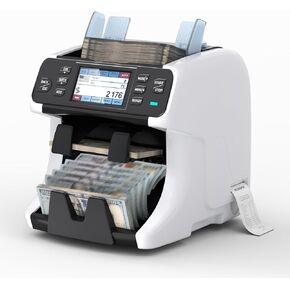 MUNBYN 2-Pocket Money Counter Machine Mixed Denomination, Money Sorter, Built-in Printer, Sort on DENOM/FACE/ORI, Value Counting, 2 CIS/UV/MG/IR Counterfeit Detection, Touch Screen, 2Y Protection