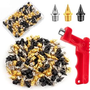 Homotte 1/4 inch Track Spikes Pyramid, 120 Pieces Steel Spikes with Storage Box and Small Wrench, Gold, Silver and Black Mixed Spikes for Youth Track Athletes Running Cross Country Replacement