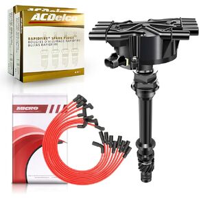 MAS Ignition Distributor & 8pcs ACDelco Platinum Spark Plugs & Wires Set Compatible with GMC Yukon Cadillac Escalade Chevrolet C1500 Tahoe V8 5.7L 5.0 Replacement for GM01 12570425 DST1829 1104079