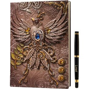 DND Notebook / Journal, Unique 200 Page Book with 3D Bronze Dragon Embossed Faux Leather Cover with Pen- Ideal for Dungeons & Dragons / D&D. Great RPG Accessories Gift for DM's & Players, Men or Women