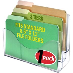 Azar Displays 250099 Three Tier File and Brochure Desktop Wall Organizer Holder with Dividers brochure display stand acrylic file holder, Clear