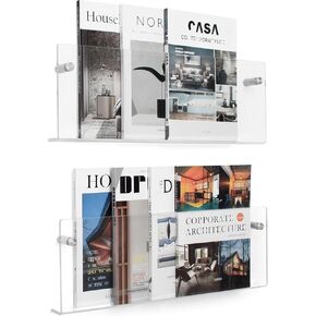 2 Pack Clear Acrylic Magazine Holder, Wall Mount Hanging Bookshelf Literature Storage Rack, Brochure File Display Shelf for Waiting Room, Living Room, Office, Home