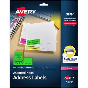 Avery Printable Address Labels with Sure Feed, 1" x 2-5/8", Assorted Neon (Magenta, Green and Yellow), 450 Blank Mailing Labels for Laser and Inkjet Printers (5979)