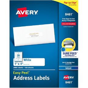 ملصقات عناوين قابلة للطباعة سهلة التقشير من Avery مع تغذية مؤكدة، 2.54 سم × 10.16 سم، أبيض، 500 ملصق بريدي فارغ (08161) in Kuwait