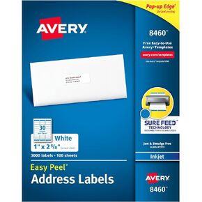 Avery Easy Peel Printable Address Labels with Sure Feed, 1" x 2-5/8", White, 3,000 Blank Mailing Labels for Inkjet Printers (8460)