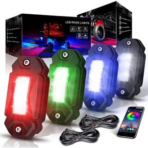 LEDMIRCY R2 RGBW أضواء الصخور مع التحكم في تطبيق بلوتوث متعدد الألوان وامض الموسيقى وضع الفرامل LED ضوء الصخور RGBW 4 القرون عدة لشاحنات جيب ATV UTV SUV Underglow Trail Rig Lights تحت الجسم مقاوم للماء