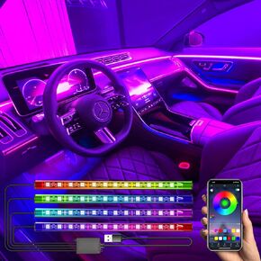 أضواء السيارة الداخلية، شريط إضاءة LED للسيارة من أبنيجا 48 مصباح LED DIY 16 مليون لون ميكروفون للتحكم في تطبيق الهاتف الذكي ومزامنة موسيقى RGB تحت لوحة القيادة المقاومة للماء مع شاحن سيارة، USB DC 12V