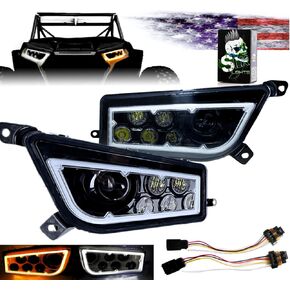 SLK-Lights PREMIUM RED Razor RZR LED Headlight Halo Turn Signal Kit Street Legal (يناسب: 2015-2021) (أحمر مزدوج اللون SwitchBack Halo أبيض / كهرمان)