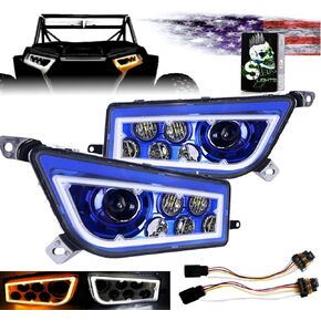 SLK-Lights BLACK Razor RZR LED Halo Headlight Street Legal Turn signal kit compatible with Polaris General, RZR 900s, razor 1000 XP Turbo (Fits: 2015-2021) (Dual Color SwitchBack Halo White/Amber)