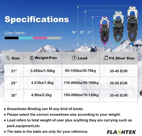 FLASHTEK 21/25/30 Inches Light Weight Snowshoes for Women Men Youth Kids, Aluminum Terrain Snow Shoes. in Saudi Arabia