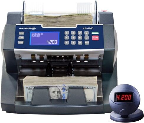عداد الفواتير AccuBANKER AB4200، سعة قادوس 300 ورقة، سعة تجميع 200 ورقة، سرعات عد متغيرة تصل إلى 1,800 ورقة/الدقيقة ووظيفة التوقف في حالات الطوارئ، درجة تجارية، شهادة UL وCE in Kuwait