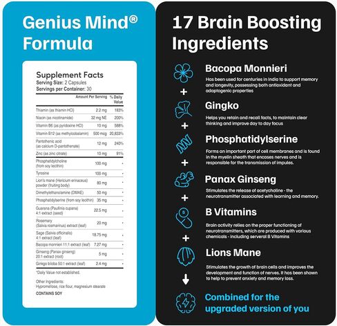 مكمل JustFloow Genius Mind® للدماغ منشط الذهن، يدعم الوظيفة الإدراكية، ومستويات الطاقة، ووظيفة التركيز والذاكرة - 17 مكونًا لتعزيز الدماغ بما في ذلك Lions Mane، وBacopa، وGinkgo، وفيتامين B12 in Saudi Arabia