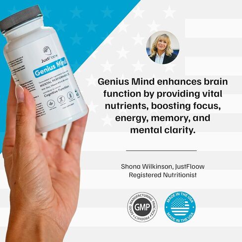 مكمل JustFloow Genius Mind® للدماغ منشط الذهن، يدعم الوظيفة الإدراكية، ومستويات الطاقة، ووظيفة التركيز والذاكرة - 17 مكونًا لتعزيز الدماغ بما في ذلك Lions Mane، وBacopa، وGinkgo، وفيتامين B12 in Saudi Arabia