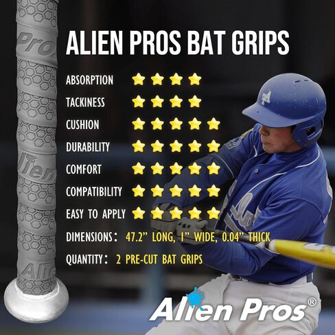 شريط قبضة الخفافيش من ALIEN PROS للبيسبول 1.1 مم (عبوتان) - شريط مضرب مسبق القطع وذو جودة احترافية - قم بلف الخفاش الخاص بك من أجل تشغيل منزلي ملحمي - بديل لقبضة مضرب البيسبول القديمة in Kuwait
