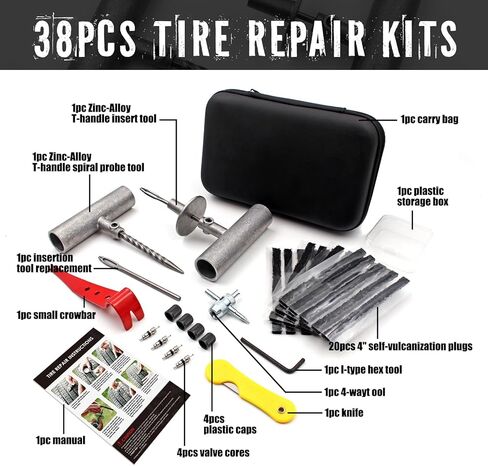 طقم إصلاح الإطارات من ميليني، 38 قطعة طقم توصيل الإطارات للسيارة، الشاحنة، الجرار، الدراجة النارية، ATVT، RV، جرار إصلاح ثقب الإطارات المسطحة الثقيلة in Kuwait