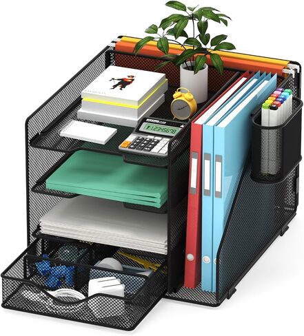 Desk Organizer with Hanging File Holder, Paper Letter Tray Organizer with Drawer and Pen Holder, Mesh Desktop Organizer and Storage for Office Supplies(Black) in Saudi Arabia