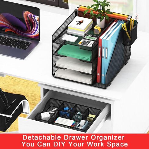Desk Organizer with Hanging File Holder, Paper Letter Tray Organizer with Drawer and Pen Holder, Mesh Desktop Organizer and Storage for Office Supplies(Black) in Saudi Arabia