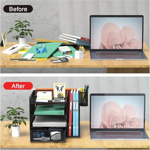 Desk Organizer with Hanging File Holder, Paper Letter Tray Organizer with Drawer and Pen Holder, Mesh Desktop Organizer and Storage for Office Supplies(Black) in Saudi Arabia