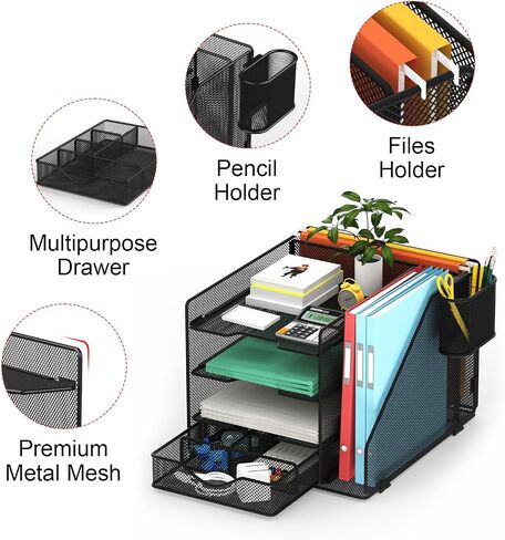 Desk Organizer with Hanging File Holder, Paper Letter Tray Organizer with Drawer and Pen Holder, Mesh Desktop Organizer and Storage for Office Supplies(Black) in Saudi Arabia