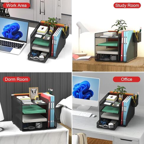 Desk Organizer with Hanging File Holder, Paper Letter Tray Organizer with Drawer and Pen Holder, Mesh Desktop Organizer and Storage for Office Supplies(Black) in Saudi Arabia