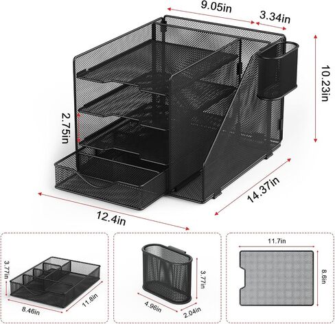 Desk Organizer with Hanging File Holder, Paper Letter Tray Organizer with Drawer and Pen Holder, Mesh Desktop Organizer and Storage for Office Supplies(Black) in Saudi Arabia