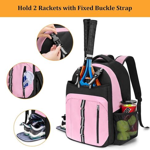 حقيبة تنس للنساء، حقيبة ظهر للتنس مع مساحة منفصلة للأحذية، وحزام كتف مبطن وجيوب متعددة للتنس/كرة الريشة/كرة المخلل/مضارب الاسكواش والإكسسوارات، وردي in Kuwait