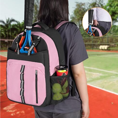حقيبة تنس للنساء، حقيبة ظهر للتنس مع مساحة منفصلة للأحذية، وحزام كتف مبطن وجيوب متعددة للتنس/كرة الريشة/كرة المخلل/مضارب الاسكواش والإكسسوارات، وردي in Kuwait