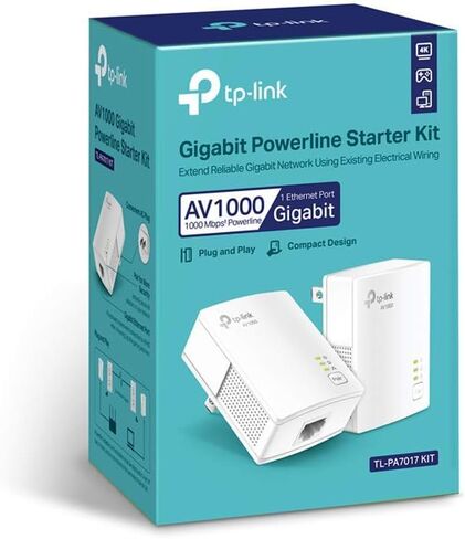 TP-Link AV1000 Powerline Starter Kit (TL-PA7017 KIT) - منفذ جيجابت، التوصيل والتشغيل، إيثرنت عبر الطاقة، حجم نانو، مثالي للتلفزيون الذكي، الألعاب عبر الإنترنت، اتصال سلكي فقط (متجدد) in Kuwait