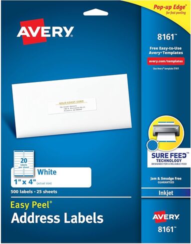 ملصقات عناوين قابلة للطباعة سهلة التقشير من Avery مع تغذية مؤكدة، 2.54 سم × 10.16 سم، أبيض، 500 ملصق بريدي فارغ (08161) in Saudi Arabia