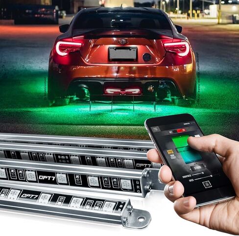 OPT7 Aura Pro Aluminium Underglow لشاحنة السيارة RV، طقم إضاءة خارجي أسفل الجسم بتطبيق بلوتوث، وضع متعدد الألوان، مقاوم للماء، مزامنة صوتية، مساعدة الباب، تمكين iOS/Android، ملاءمة عالمية، شريط LED 4 قطع in Kuwait