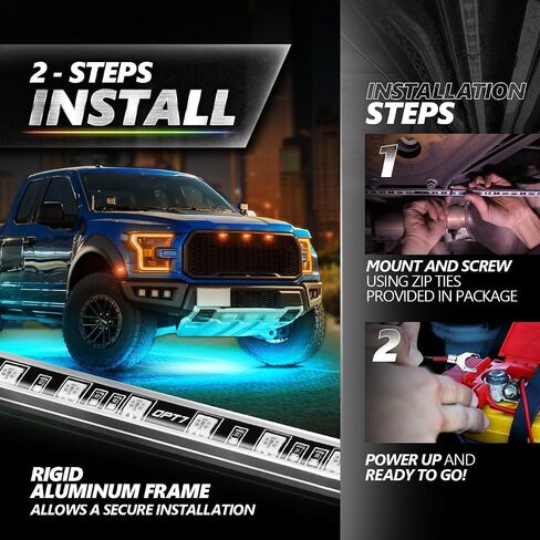 OPT7 Aura Pro Aluminium Underglow لشاحنة السيارة RV، طقم إضاءة خارجي أسفل الجسم بتطبيق بلوتوث، وضع متعدد الألوان، مقاوم للماء، مزامنة صوتية، مساعدة الباب، تمكين iOS/Android، ملاءمة عالمية، شريط LED 4 قطع in Kuwait