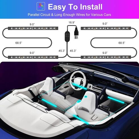 أضواء LED للسيارة، التحكم في التطبيقات مع المصابيح الداخلية للسيارة الذكية، وضع DIY، وضع الموسيقى، مصابيح RGB داخل السيارة، 48 مصباح LED للسيارة مع منفذ USB، هدايا إكسسوارات السيارة للنساء والرجال in Saudi Arabia